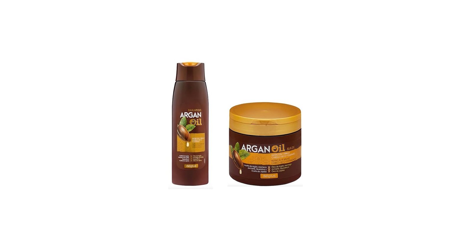 Lot de 2 shampoings 400 ml et masque 400 ml à l&rsquo;huile d&rsquo;argan pour cheveux secs et abîmés, 2 x 400 ml Deliplus